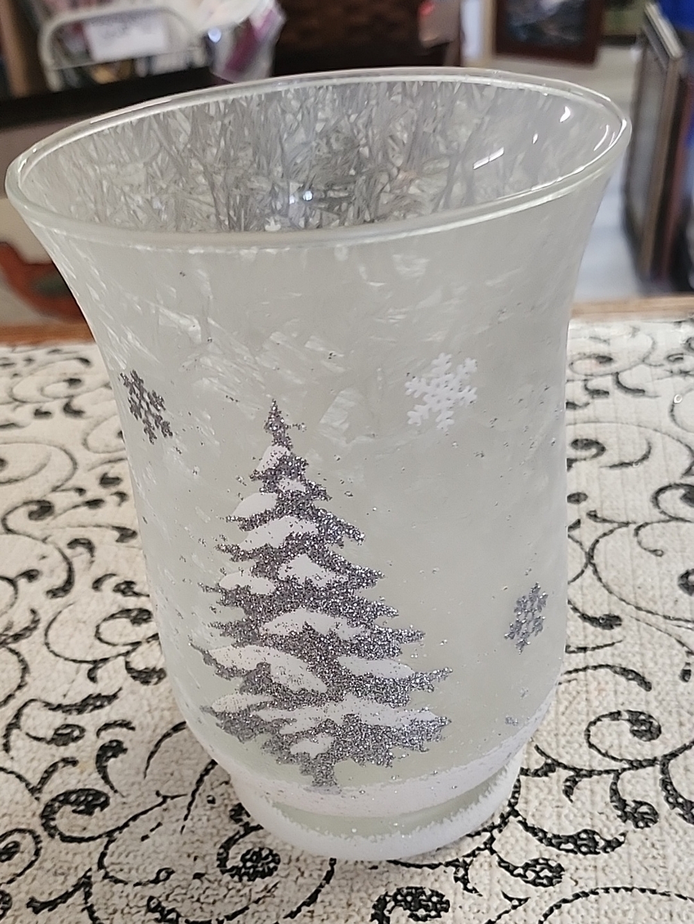 Source Unknown Frosted White Glass Votive with Silver Glitter Tree